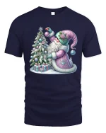 Pastel Christmas Santa Decorating Tree Winter Magic Graphic Tee - navy t-shirt on white background