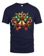 Festive Christmas Bells Candy Cane Holiday Cheer Graphic Tee - navy t-shirt on white background
