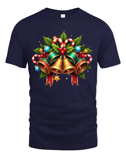 Festive Christmas Bells Candy Cane Holiday Cheer Graphic Tee - navy t-shirt on white background