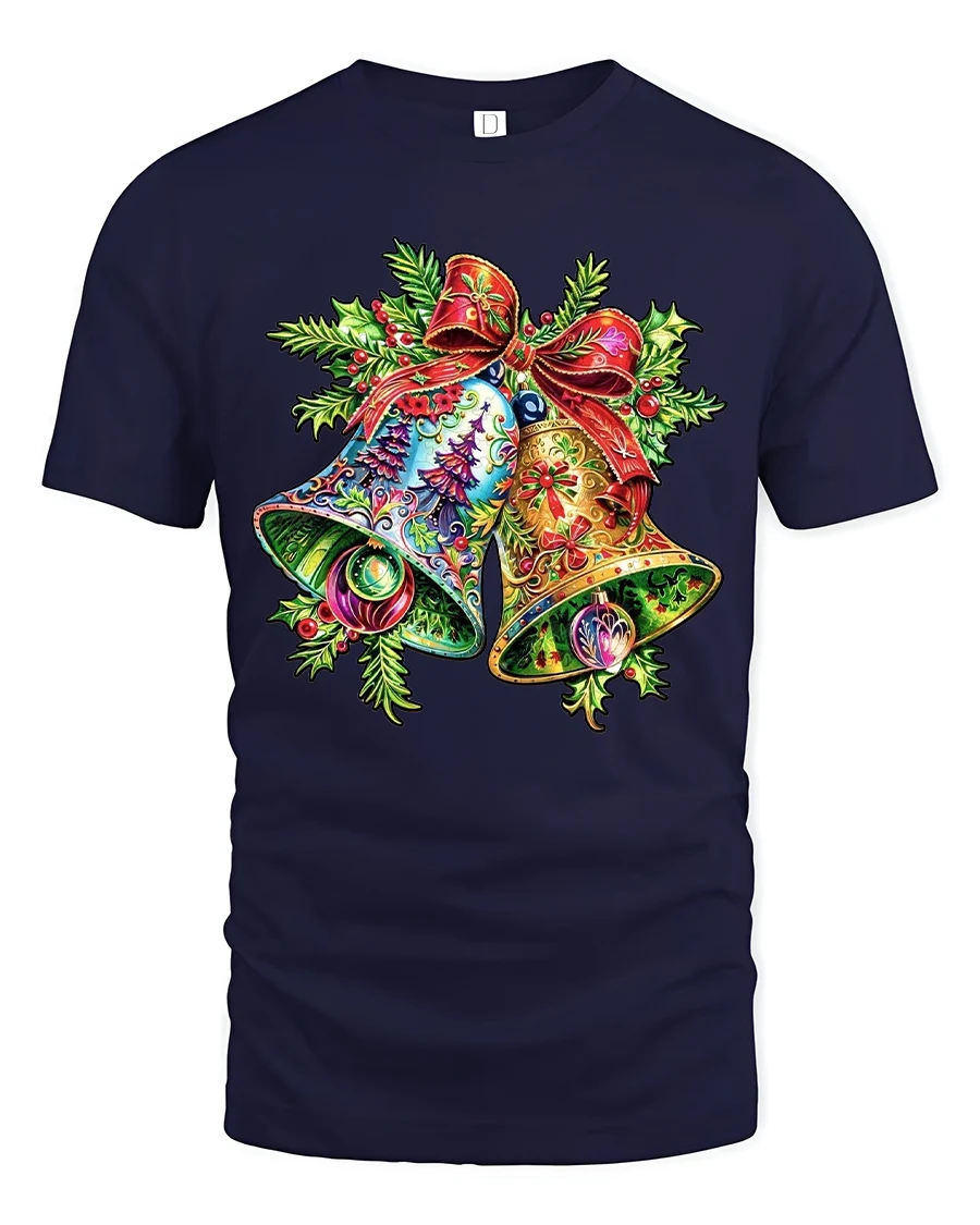 Vibrant Christmas Bells Detailed Holiday Art Festive Graphic Tee - 1 Vibrant Christmas Bells Detailed Holiday Art Festive Graphic Tee - navy t-shirt on white background