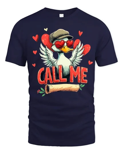 Funny Duck Call Me Love Hearts Cool Cartoon Graphic Tee - navy t-shirt on white background