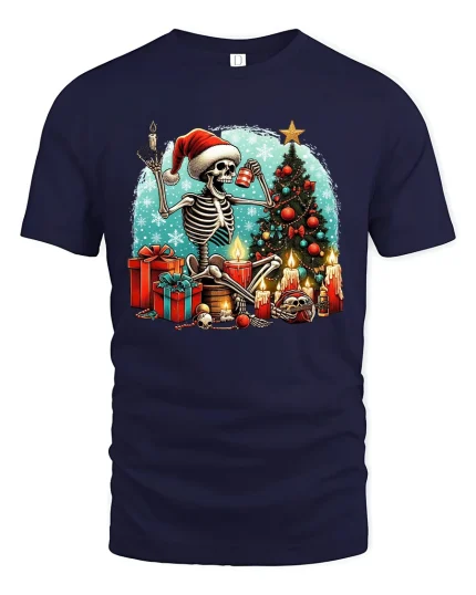 Funny Skeleton Christmas Cozy Candlelit Holiday Scene Graphic Tee - navy t-shirt on white background