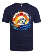Sunset Cruise Ship Adventure Splash Graphic Travel Tee - navy t-shirt on white background