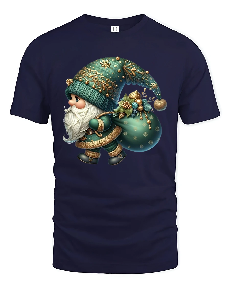 Cute Christmas Gnome Carrying Gifts Teal Holiday Art Graphic Tee - 1 Cute Christmas Gnome Carrying Gifts Teal Holiday Art Graphic Tee - navy t-shirt on white background