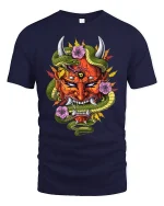 Vibrant Oni Mask Snake Floral Fusion Fierce Graphic Art Tee - navy t-shirt on white background