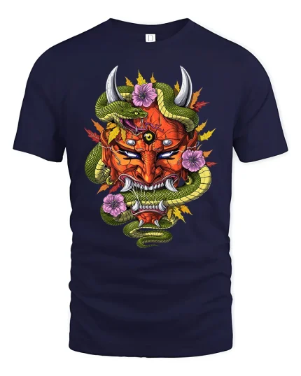 Vibrant Oni Mask Snake Floral Fusion Fierce Graphic Art Tee - navy t-shirt on white background
