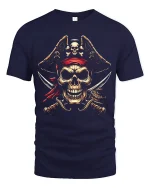 Fierce Pirate Skull Crossed Swords Red Bandana Graphic Tee - navy t-shirt on white background