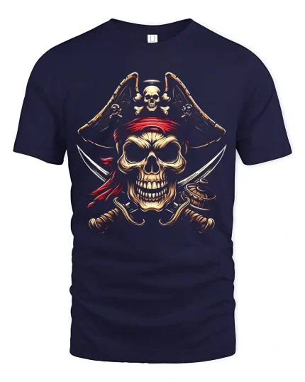 Fierce Pirate Skull Crossed Swords Red Bandana Graphic Tee - navy t-shirt on white background