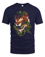 Fierce Tiger and Snake Battle Bold Warrior Graphic Art Tee - navy t-shirt on white background