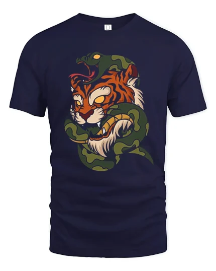 Fierce Tiger and Snake Battle Bold Warrior Graphic Art Tee - navy t-shirt on white background