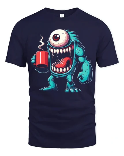 Funny Coffee Monster One Eyed Morning Chaos Cartoon Tee - navy t-shirt on white background