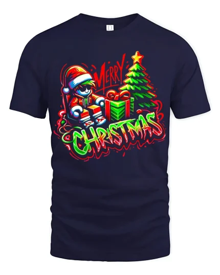 Cool Graffiti Merry Christmas Santa Gift Tree Neon Art Tee - navy t-shirt on white background