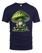 Whimsical Mushroom Gnome Rainy Forest Magic Graphic Tee - navy t-shirt on white background