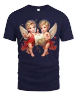 Romantic Cupid Twins Love Heart Vintage Angel Art Tee - navy t-shirt on white background