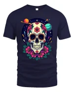 Cosmic Sugar Skull Floral Galaxy Art Vibrant Graphic Tee - navy t-shirt on white background
