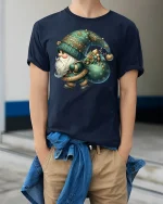 Cute Christmas Gnome Carrying Gifts Teal Holiday Art Graphic Tee - model wearing navy tee with hands in pockets