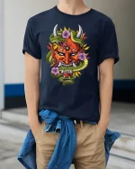 Vibrant Oni Mask Snake Floral Fusion Fierce Graphic Art Tee - model wearing navy tee with hands in pockets