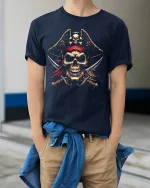 Fierce Pirate Skull Crossed Swords Red Bandana Graphic Tee - model wearing navy tee with hands in pockets