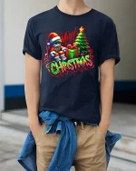 Cool Graffiti Merry Christmas Santa Gift Tree Neon Art Tee - model wearing navy tee with hands in pockets