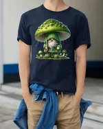Whimsical Mushroom Gnome Rainy Forest Magic Graphic Tee - model wearing navy tee with hands in pockets