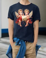Romantic Cupid Twins Love Heart Vintage Angel Art Tee - model wearing navy tee with hands in pockets