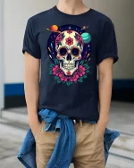 Cosmic Sugar Skull Floral Galaxy Art Vibrant Graphic Tee - model wearing navy tee with hands in pockets