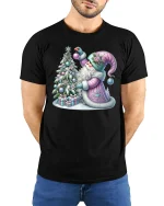 Pastel Christmas Santa Decorating Tree Winter Magic Graphic Tee - model wearing black tee with hands behind back
