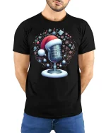 Christmas Microphone Santa Hat Musical Holiday Magic Tee - model wearing black tee with hands behind back