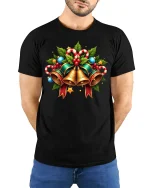 Festive Christmas Bells Candy Cane Holiday Cheer Graphic Tee - model wearing black tee with hands behind back