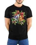 Vibrant Christmas Bells Detailed Holiday Art Festive Graphic Tee - model wearing black tee with hands behind back