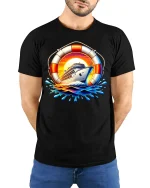 Sunset Cruise Ship Adventure Splash Graphic Travel Tee - model wearing black tee with hands behind back