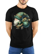 Cute Christmas Gnome Carrying Gifts Teal Holiday Art Graphic Tee - model wearing black tee with hands behind back