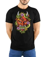 Vibrant Oni Mask Snake Floral Fusion Fierce Graphic Art Tee - model wearing black tee with hands behind back