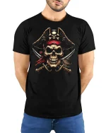 Fierce Pirate Skull Crossed Swords Red Bandana Graphic Tee - model wearing black tee with hands behind back