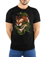 Fierce Tiger and Snake Battle Bold Warrior Graphic Art Tee - model wearing black tee with hands behind back