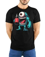 Funny Coffee Monster One Eyed Morning Chaos Cartoon Tee - model wearing black tee with hands behind back