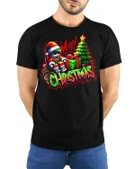 Cool Graffiti Merry Christmas Santa Gift Tree Neon Art Tee - model wearing black tee with hands behind back