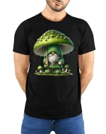 Whimsical Mushroom Gnome Rainy Forest Magic Graphic Tee - model wearing black tee with hands behind back