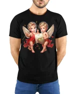 Romantic Cupid Twins Love Heart Vintage Angel Art Tee - model wearing black tee with hands behind back