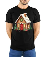 Cozy Gingerbread Christmas House Holiday Magic Graphic Tee - model wearing black tee with hands behind back