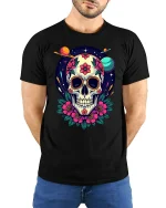 Cosmic Sugar Skull Floral Galaxy Art Vibrant Graphic Tee - model wearing black tee with hands behind back