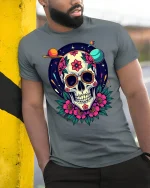 Cosmic Sugar Skull Floral Galaxy Art Vibrant Graphic Tee - model wearing grey tee, leaning on column