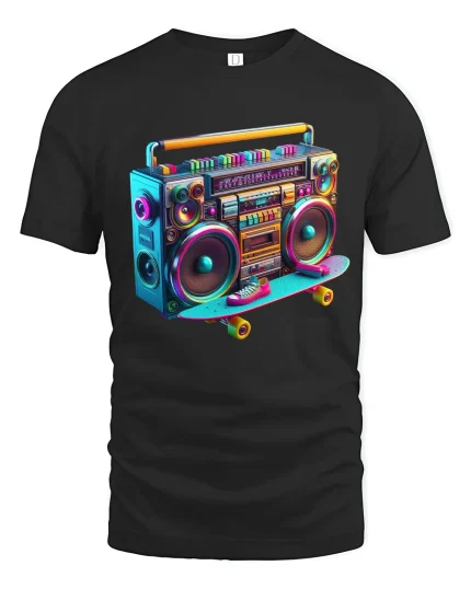 Retro Boombox Skateboard Neon Style Music Vibes Graphic Tee - black t-shirt on white background