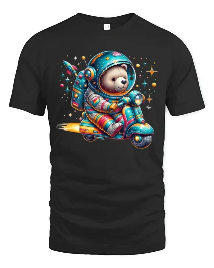 Space Explorer Bear Riding Scooter Tee with Cute Cosmic Art - black t-shirt on white background