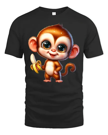 Cute Banana Monkey Tee with Big Eyes Adorable Cartoon Art - black t-shirt on white background