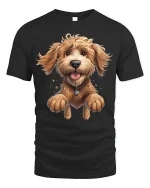 Happy Jumping Dog Tee with Cute Fluffy Puppy Cartoon Art - black t-shirt on white background