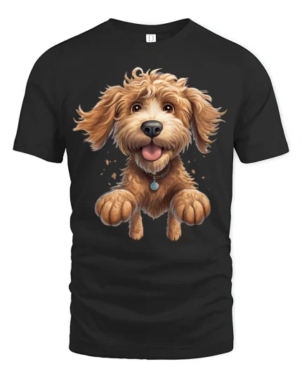 Happy Jumping Dog Tee with Cute Fluffy Puppy Cartoon Art - black t-shirt on white background