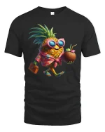 Tropical Pineapple Vacation Tee with Fun Cool Fruit Cartoon Art - black t-shirt on white background