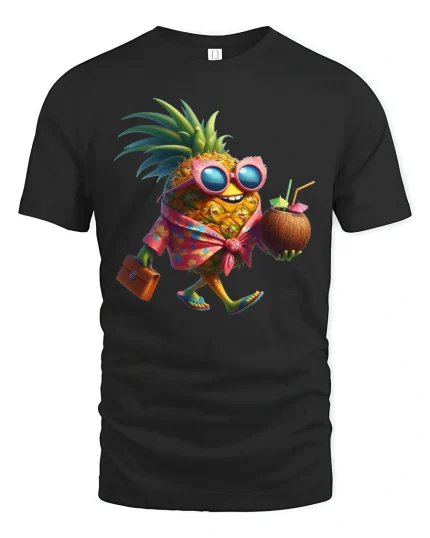 Tropical Pineapple Vacation Tee with Fun Cool Fruit Cartoon Art - black t-shirt on white background