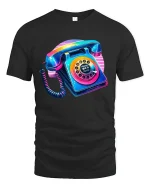Retro 80s Phone Tee with Vibrant Neon Rotary Style Artwork - black t-shirt on white background